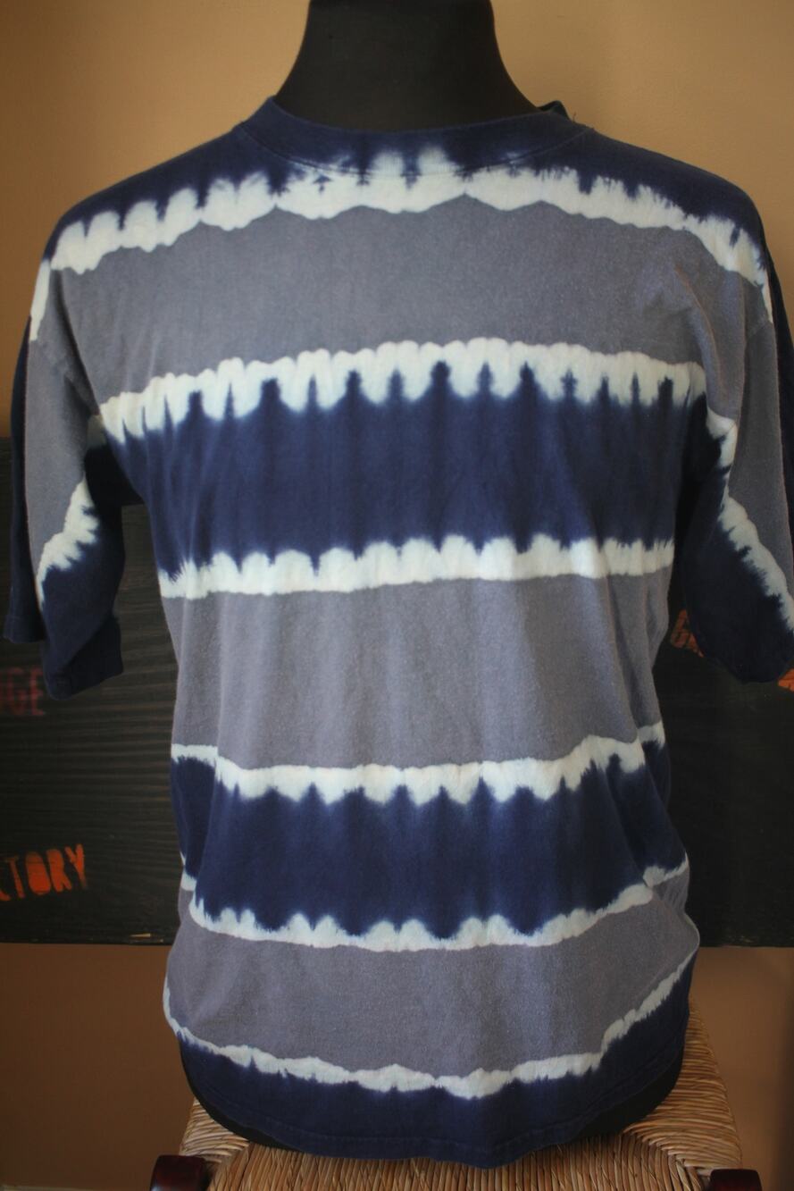 Vintage Bugle Boy Tie Dye Striped T Shirt Blue Gray White Boxy Retro Mens XL 20